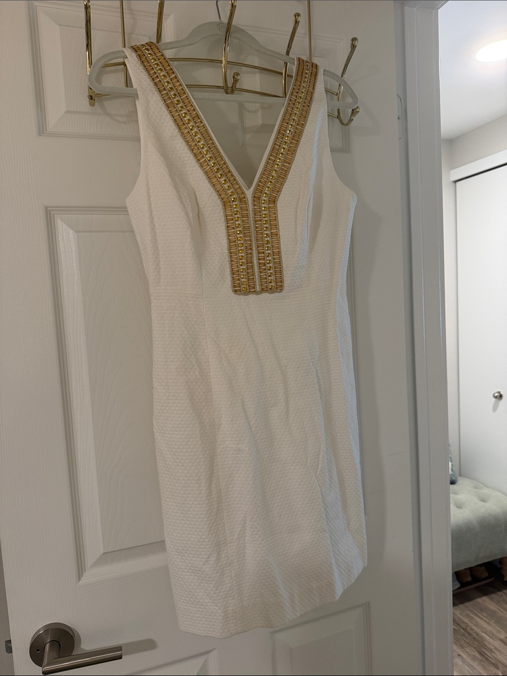 Lilly Pulitzer White Sleeveless V-Neck Dress with Gold Trim